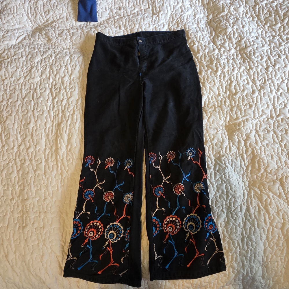 Floral Embroidered Black Pants
